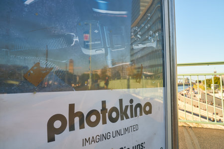 COLOGNE, GERMANY - CIRCA SEPTEMBER, 2018: close up shot of Photokina sign on advertisement poster seen in Cologne, Germany.のeditorial素材