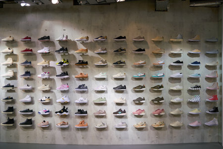 ZURICH, SWITZERLAND - CIRCA OCTOBER, 2018: footwear on display at Jelmoli department store in Zurich.のeditorial素材
