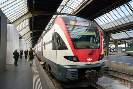 ZURICH, SWITZERLAND - CIRCA OCTOBER, 2018: double decker train on platform at Zurich Hauptbahnhof. ...