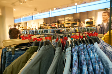 COLOGNE, GERMANY - CIRCA OCTOBER, 2018: apparels on display at a store in Cologne Bonn Airport.のeditorial素材