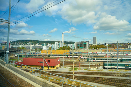 ZURICH, SWITZERLAND - CIRCA OCTOBER, 2018: Zurich urban landscape seen from train.のeditorial素材