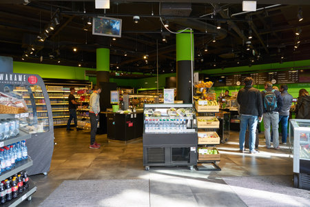 COLOGNE, GERMANY - CIRCA SEPTEMBER 2018: interior shot of REWE To Go. The REWE Group is a German...