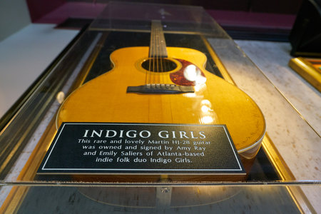 COLOGNE, GERMANY - CIRCA SEPTEMBER, 2018: close up shot of a guitar in Hard Rock Cafe. Hard Rock Cafe Inc. is a chain of theme restaurants.のeditorial素材