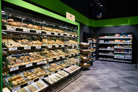 COLOGNE, GERMANY - CIRCA SEPTEMBER 2018: interior shot of REWE To Go. The REWE Group is a German diversified retail and tourism co-operative group based in Cologne, Germany.のeditorial素材