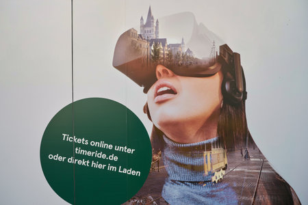 COLOGNE, GERMANY - CIRCA SEPTEMBER, 2018: portrait of woman with virtual reality headset seen on a...