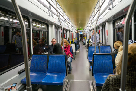 COLOGNE, GERMANY - CIRCA SEPTEMBER, 2019: interior shot of a tramway in Cologne.のeditorial素材