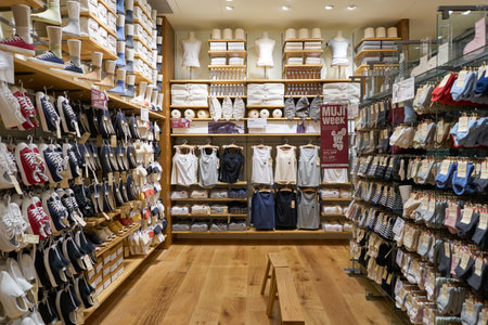 SINGAPORE - CIRCA APRIL, 2019: interior shot of Muji store in Jewel Changi Airport. Muji is a Japanese retail company which sells a wide variety of household and consumer goods.のeditorial素材
