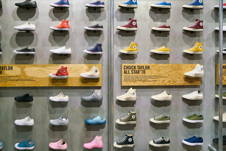 MOSCOW, RUSSIA - CIRCA MAY, 2019: sneakers on display at a store in Moscow.
