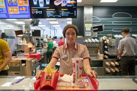 BELGOROD, RUSSIA - CIRCA DECEMBER, 2018: indoor portrait of a woman at McDonald's restaurant.