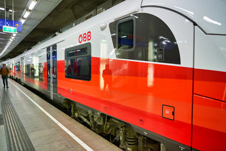 VIENNA, AUSTRIA - CIRCA MAY, 2019: a modern train seen in Vienna, Austria.のeditorial素材
