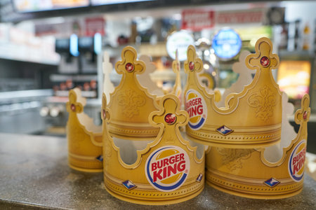 BELGOROD, RUSSIA - CIRCA DECEMBER, 2018: close up shot of Burger King paper crowns seen at a shopping center in Belgorod.のeditorial素材