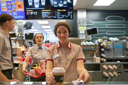 BELGOROD, RUSSIA - CIRCA DECEMBER, 2018: indoor portrait of a woman at McDonald's restaurant.