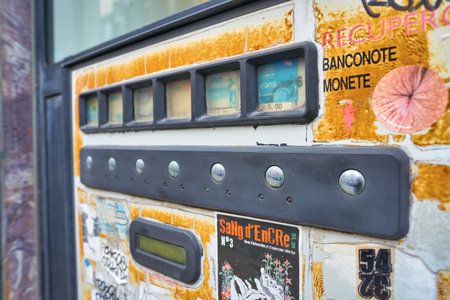 VENICE, ITALY - CIRCA MAY, 2019: close up shot of broken (out of service) self-service kiosk in Venice.のeditorial素材