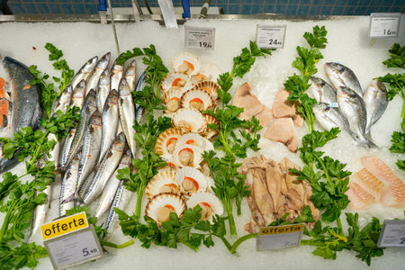 VENICE, ITALY - CIRCA MAY, 2019: seafood on display at a supermarket in Venice, Italy.のeditorial素材
