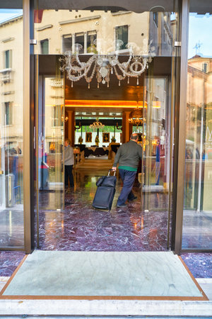 VENICE, ITALY - CIRCA MAY, 2019: entrance to Hotel Papadopoli in Venice.のeditorial素材