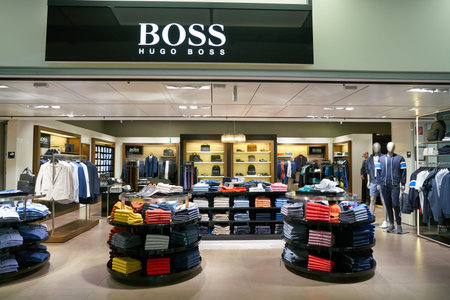 VIENNA, AUSTRIA - CIRCA MAY, 2019: goods on display at Hugo Boss store in Vienna International Airport.のeditorial素材
