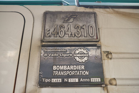 VENICE, ITALY - CIRCA MAY, 2019: close up shot of Bombardier sign seen on a train at railway station...