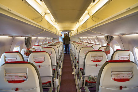 VENICE, ITALY - CIRCA MAY, 2019: interior shot of Austrian Airlines Embraer ERJ-195LR
