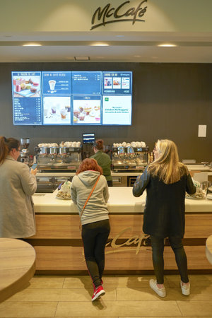 VENICE, ITALY - CIRCA MAY, 2019: McCafe counter service at McDonald's restaurant in Venice..