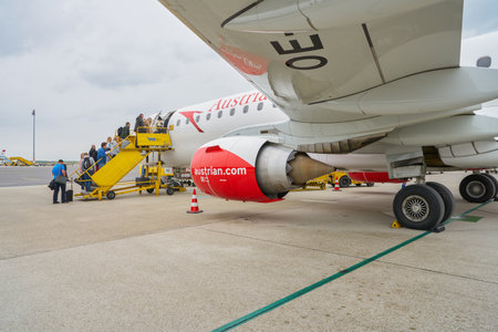 VIENNA, AUSTRIA - CIRCA MAY, 2019: an aircraft on tarmac at Vienna International Airport.のeditorial素材