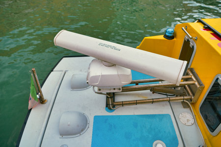VENICE, ITALY - CIRCA MAY, 2019: close up shot of radar antenna on ship seen in Venice.