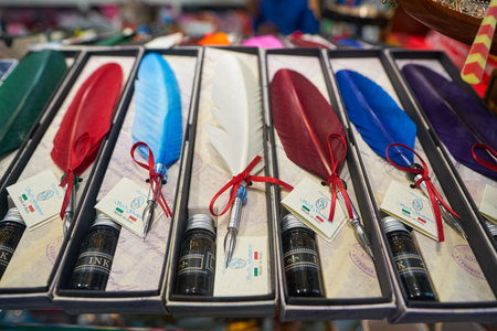 VENICE, ITALY - CIRCA MAY, 2019: quill pens on display at a store in Venice.のeditorial素材