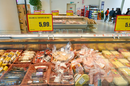 VENICE, ITALY - CIRCA MAY, 2019: interior shot of InterSPAR supermarket in Venice, Italy.のeditorial素材
