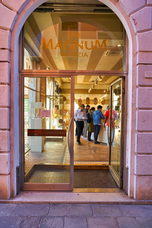 VENICE, ITALY - CIRCA MAY, 2019: entrance to Magnum ice cream store in Venice.のeditorial素材