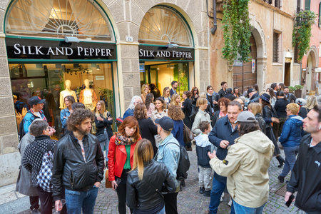 VERONA, ITALY - CIRCA MAY, 2019: people at Silk And Pepper shop in Verona, Italyのeditorial素材