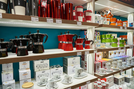 VERONA, ITALY - CIRCA MAY, 2019: Bialetti Moka Express pots on display at a store in Verona.のeditorial素材