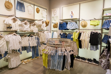 VERONA, ITALY - CIRCA MAY, 2019: interior shot of Stradivarius store in Verona. Stradivarius is an international women and men clothing fashion brand from Spain owned by the Inditex group.のeditorial素材