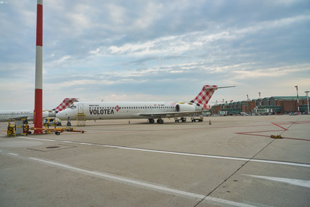 VENICE, ITALY - CIRCA MAY, 2019: an aircraft on tarmac at Venice Marco Polo Airport.のeditorial素材