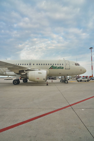 VENICE, ITALY - CIRCA MAY, 2019: Alitalia aircraft on tarmac at Venice Marco Polo Airport.のeditorial素材