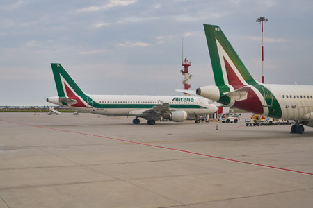 VENICE, ITALY - CIRCA MAY, 2019: Alitalia aircrafts on tarmac at Venice Marco Polo Airport.のeditorial素材