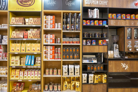 VENICE, ITALY - CIRCA MAY, 2019: interior shot of Bottega Dei Sapori - Gourmet Shop in Venice Marco Polo Airport.のeditorial素材