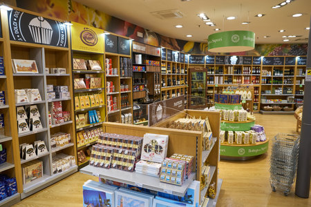 VENICE, ITALY - CIRCA MAY, 2019: interior shot of Bottega Dei Sapori - Gourmet Shop in Venice Marco Polo Airport.のeditorial素材