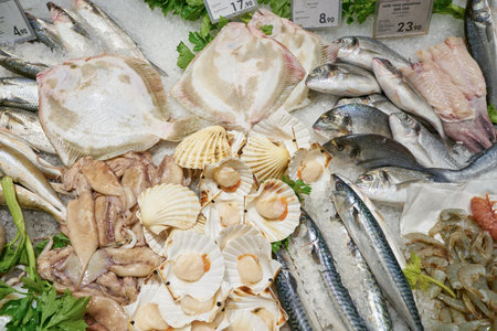 VERONA, ITALY - CIRCA MAY, 2019: chilled seafood on display at Pam supermarket in Verona.のeditorial素材