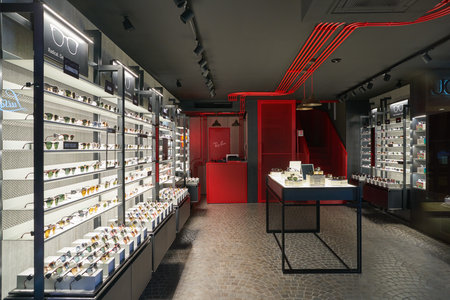 VERONA, ITALY - CIRCA MAY, 2019: glasses on display at Ray-Ban store in Verona.のeditorial素材