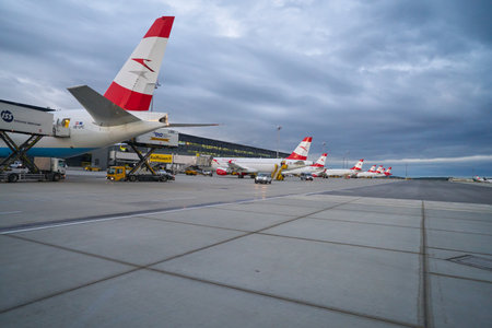 VIENNA, AUSTRIA - CIRCA MAY, 2019: the apron area of Vienna International Airport.のeditorial素材