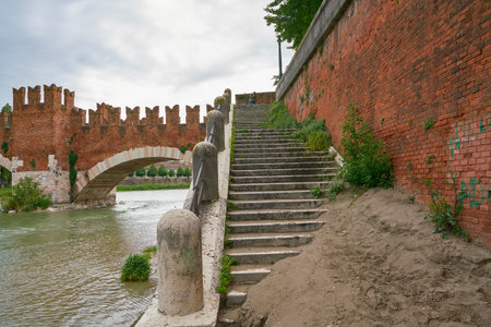 VERONA, ITALY - CIRCA MAY, 2019: view of the Castel Vecchio Bridge in the daytime.