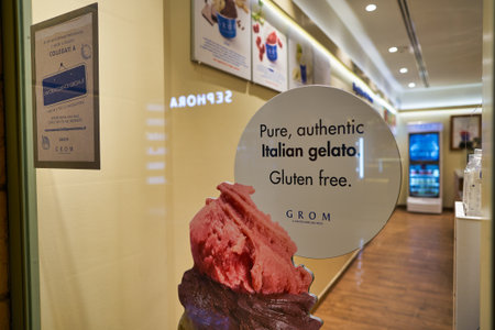 VERONA, ITALY - CIRCA MAY, 2019: close up shot of a window at Grom gelateria in Veronaのeditorial素材