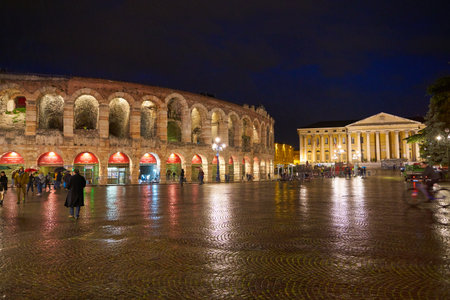 VERONA, ITALY - CIRCA MAY, 2019: a view of the Verona Arena at night.のeditorial素材