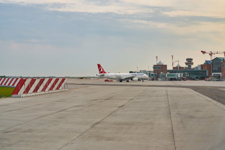 VENICE, ITALY - CIRCA MAY, 2019: an aircraft on tarmac at Venice Marco Polo Airport.のeditorial素材