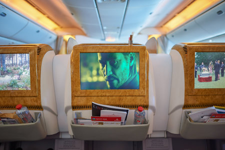 DUBAI, UAE - CIRCA JUNE, 2015: interior shot of business class at Emirates Airlines Boeing-777.のeditorial素材