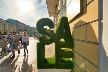 SAINT PETERSBURG, RUSSIA - CIRCA AUGUST, 2017: sale sign seen in Saint Petersburg in the daytime.のeditorial素材