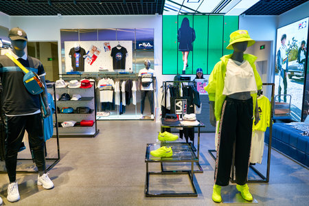 SHENZHEN, CHINA - CIRCA APRIL, 2019: interior shot of Fila store in Shenzhen. Fila is an Italian sporting goods brand and companyのeditorial素材
