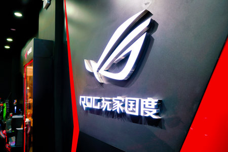 SHENZHEN, CHINA - CIRCA APRIL, 2019: close up shot of Republic of Gamers sign seen at Asus ROG Store in Shenzhen.のeditorial素材