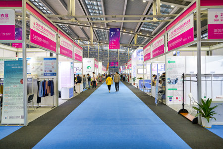 SHENZHEN, CHINA - CIRCA APRIL, 2019: interior shot of China (Shenzhen) International Brand Underwear Fair space in Shenzhen Convention & Exhibition Center.のeditorial素材