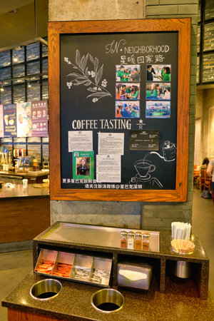 SHENZHEN, CHINA - CIRCA APRIL, 2019: chalkboard seen at Starbucks Coffee in Shenzhen. Starbucks Corporation is an American coffee company and coffeehouse chain.のeditorial素材