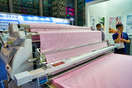 SHENZHEN, CHINA - CIRCA APRIL, 2019: a machine on display at China (Shenzhen) International Brand Underwear Fair space in Shenzhen Convention & Exhibition Center.のeditorial素材